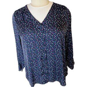 Jason Wu - Women's 1X Blouse Navy Polka Dot Long Balloon Sleeve V-Neck